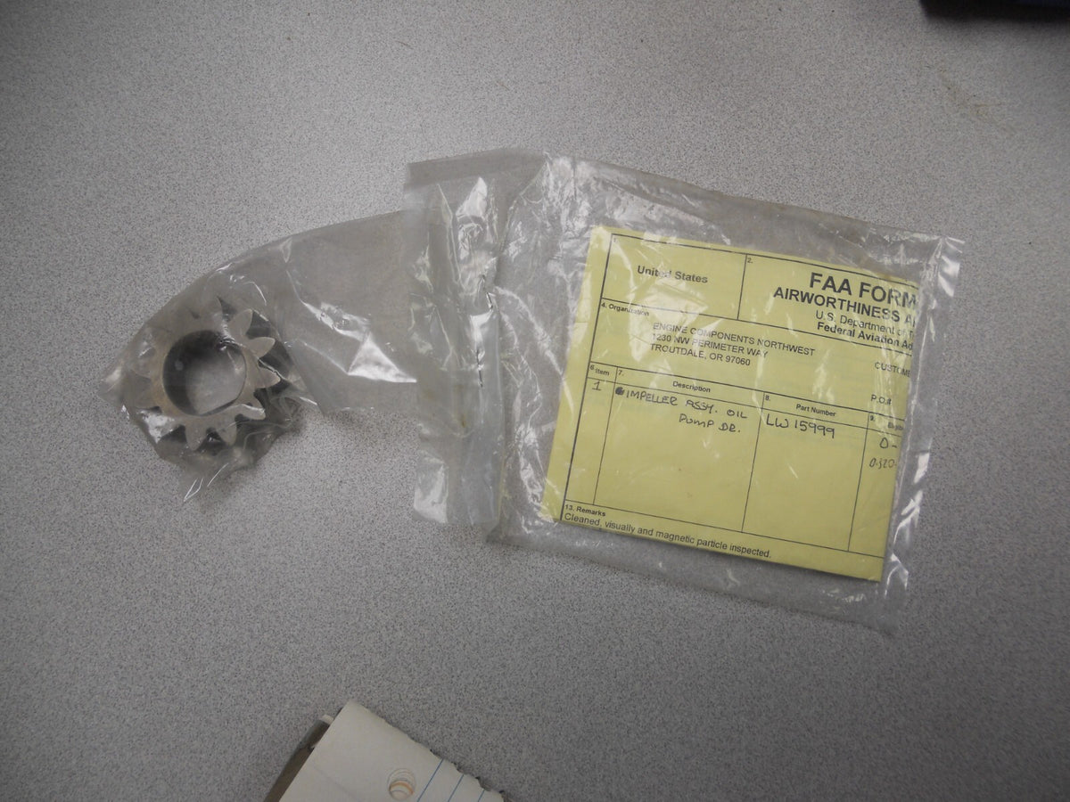 Lycoming oil assembly impellor, p/n LW15999, with tag