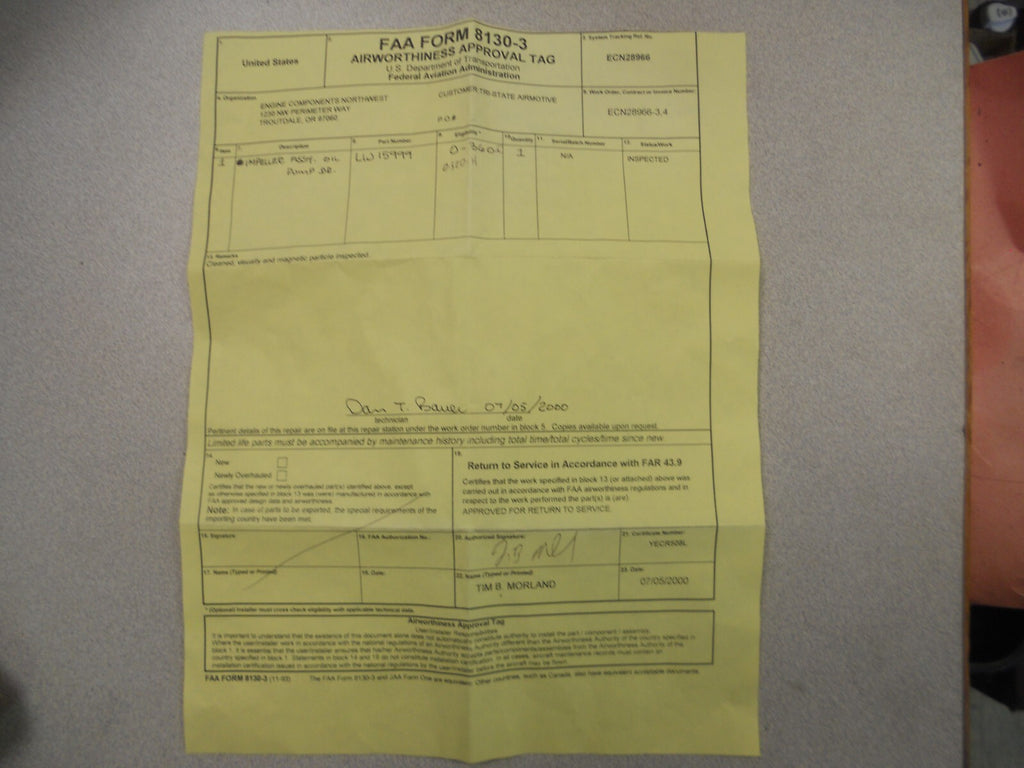 Yellow tag showing FAA Form 8130-3